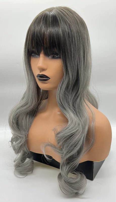 Miniatura 5 de AMANDA - Peluca balayage gris con flequillo completo, larga y rizada, sin pegamento, pelucas sintéticas naturales para uso diario (pelucas de