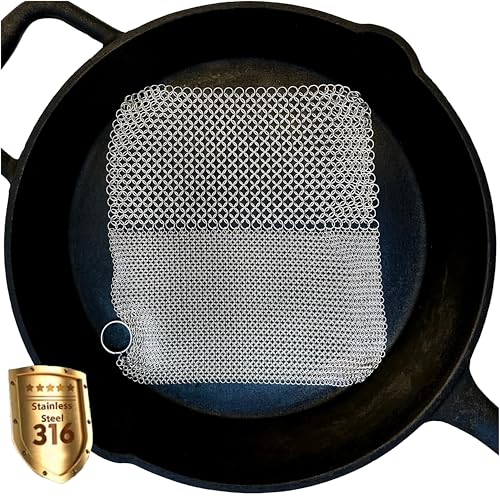 Image of Mesh Cast Iron Scrubber Fine Rings Welded Chainmail Scrubber for Cups, Skillet Cast Iron Cleaner (7.1 inch, 2 in 1)