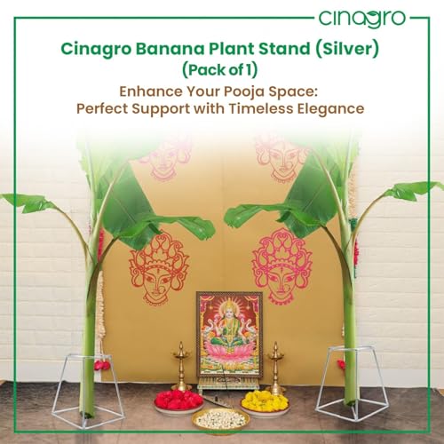 Image of CINAGRO Silver Banana Plant Stand for Pooja & Mandir Decor, Rust-Resistant Durable Metal Stand for Banana Stems, Leaf Holder for Temple, Home Festival Decoration Use