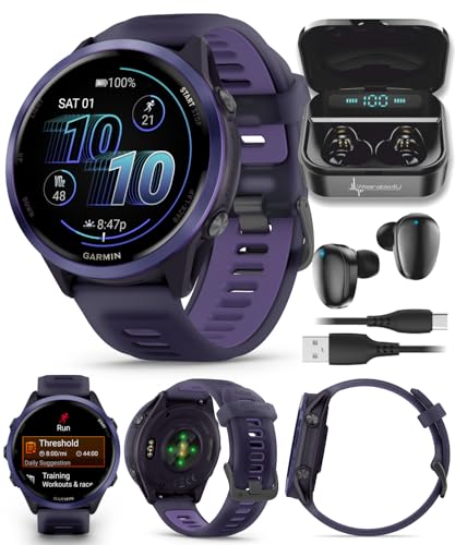 Image of Garmin Forerunner 570 47mm Advanced GPS Running & Triathlon Smartwatch, AMOLED Display, Training & Recovery, Indigo Aluminum w /Translucent Imperial Purple /Indigo Band w / Wearable4U BLK Earbuds Bundle