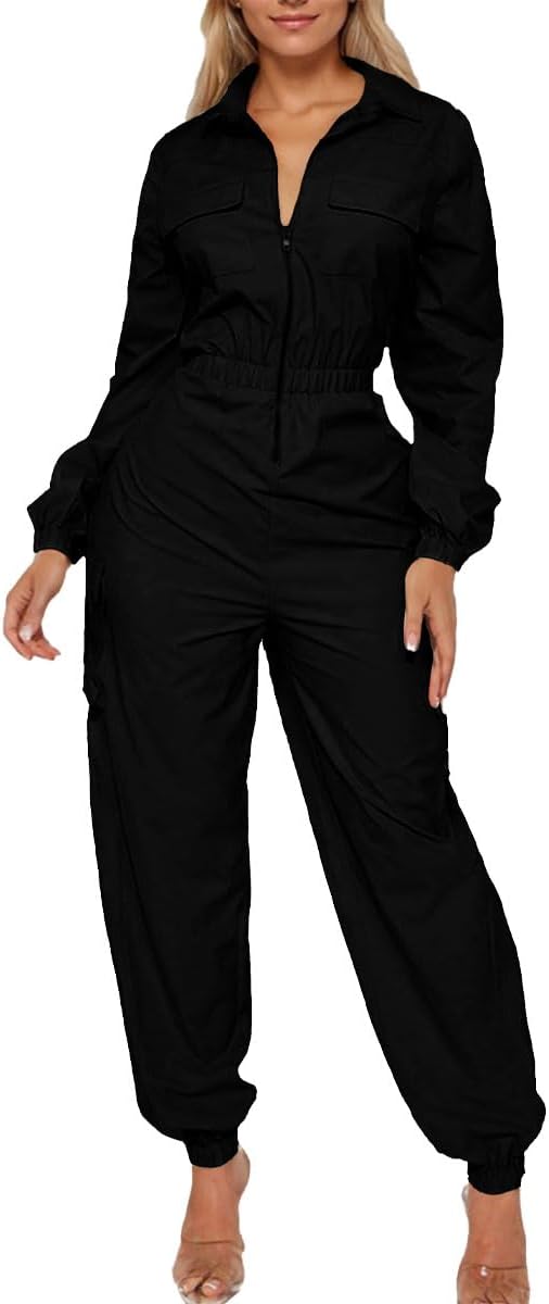 WOKANSE Utility Jumpsuit Women Casual Long Sleeve Zipper Up Elastic Waist Cargo Jumpsuit With Pockets
