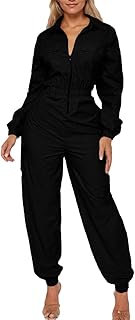 Utility Jumpsuit Women Casual Long Sleeve Zipper Up Elastic Waist Cargo ...