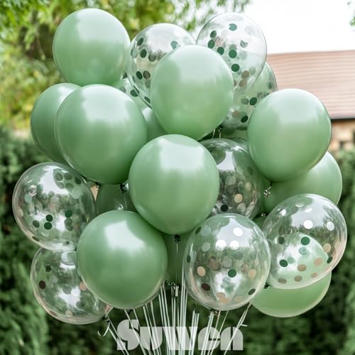 Image of SUWEN Sage Green and Confetti Balloons Set 47PCS Olive Green Latex | Helium Balloon for Birthday Anniversary Party Decorations