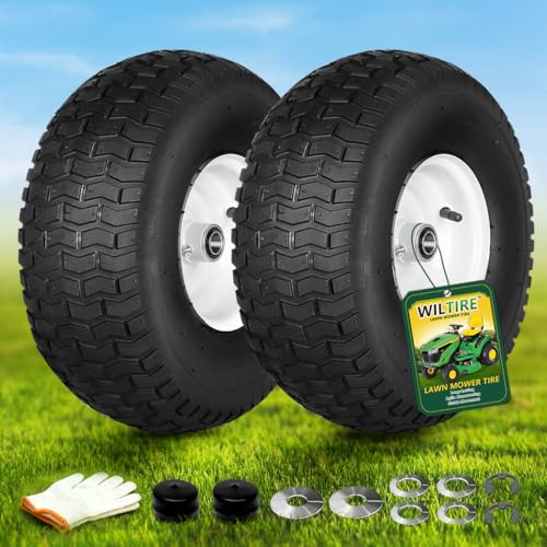 Wiltire (2-Pack) 15x6.00-6nhs Lawn Mower Tires and Wheel for Riding Lawn Mower Front Tires 15x6-6 Front Tire Assembly Replacement 3/4 Bearing 3 Centered Hub 4 Ply Pneumatic