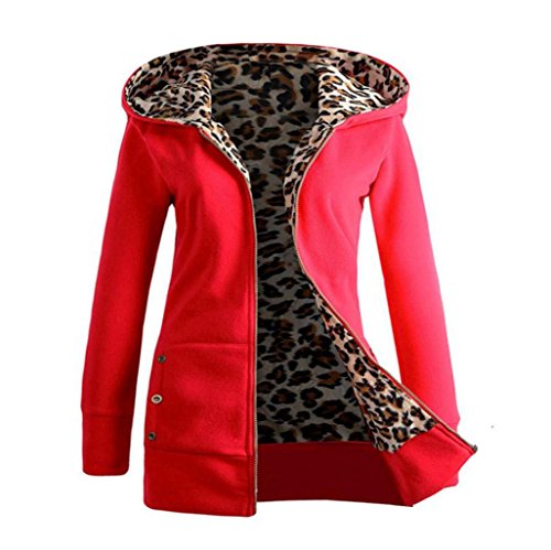 SHOBDW Mujeres de Terciopelo más Gruesa Sudadera con Capucha Leopardo Cremallera Abrigo Ropa Outwear S-2XL (Rojo, M)