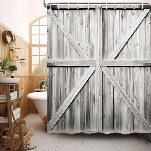 JAWO Rustic Wooden Barn Door Shower Curtain, Farmhouse Vintage Country Wood Board Shower Curtain for Bathtub Curtain Bathroom Set Decor, Waterproof Polyester Durable Cloth with Hooks,72x72inches