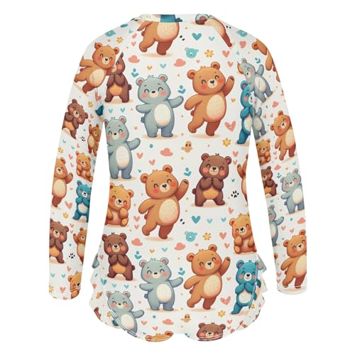 Cartoon Bears with Heart Girls Long Sleeve Swimsuit Rash Guard One Piece Bathing Suits Zipper 3-12T3