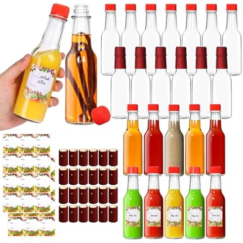 AuroTrends Hot Sauce Bottles 5 oz 24Pack, Empty Wine Bottles with Caps/Shrink Capsules/Stickers -5oz Clear Woozy Bottles/Glass Bottles with Lids (Red Lids- 5 fl.oz/ 24Pack) Cover