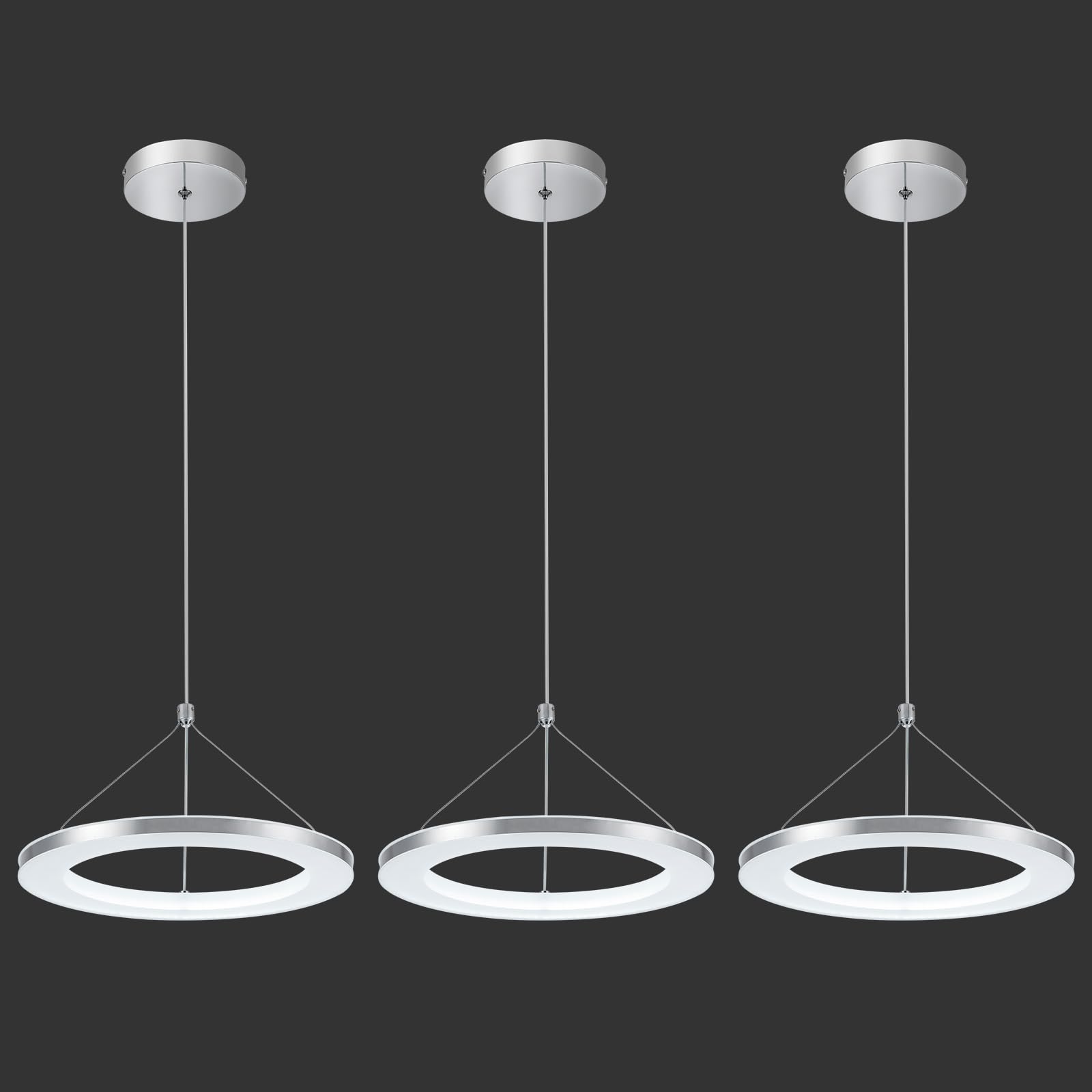 CHYING 3 Pack LED Modern Pendant Lights Kitchen Island, 11.8" 15W Cool White Ring Chandelier, Adjustable Height Silver Hanging Pendant Ceiling Light