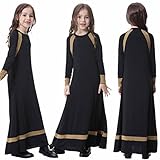 One Piece Muslim Abaya Dresses for Kids Girls Islamic Kaftan Ramadan Prayer Long Robe Middle East Dubai Eid Clothes Full-Length Long Sleeve Slimming Fit Maxi Gown Black 8-9 Years