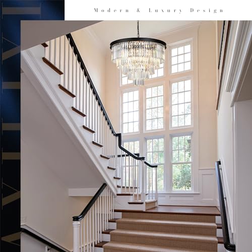 Image of Large Crystal Chandelier Modern Black 30 inch Round Light Fixture Staircase