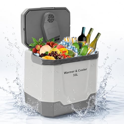 Image of 35QT Electric Cooler, Portable Car Refrigerator & Plug-In Cooler with 12V DC & AC Power, Travel Cooler for Camping, Road Trips, Truck Travel & Home Use, car fridge with Locking Handle