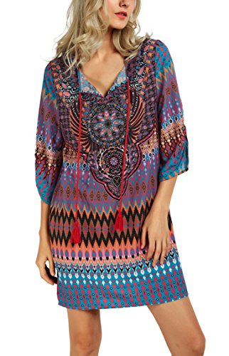 Image of Women Bohemian Neck Tie Vintage Printed Ethnic Style Summer Shift Dress