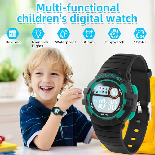 DTKID Digital Kids Watch 30 M Waterproof, 7 Color Lights Time Teaching Watch Easy to Read for Girls Boys 5-164
