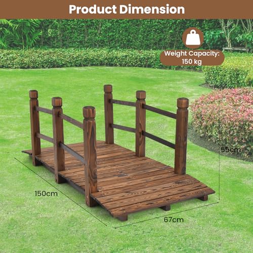 COSTWAY 1m/1.5m Wooden Garden Bridge, Decorative Pond Bridges with Safety Railings, Arc Stained Finished Outdoor Lawn Stream Walkway for Yard Patio (150x67x55cm, Brown, Straight Railings)