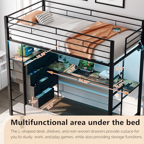 Image of VINGLI Full Loft Bed 15 Inch Extra Tall Safety Guardrail, 7 Drawers Dresser, and Flat Rungs, LED High Double Sleeper with 2 Charging Stations,and Desk, Heavy Duty Space Saving Bed, Black