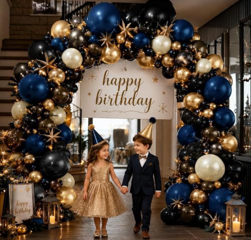 Image of Navy Blue Gold Balloon Arch Double Stuffed Pearl White Sand Dark Royal Blue Black Brown Gold Balloon Garland Kit for Birthday Wedding Bridal Shower Anniversary Christmas New Year Party Decor