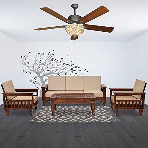 Image of Solid Sheesham Wood 5 Seater Sofa Set for Living Room Without Centre Table | Wooden 3+1+1 Five Seater Sofa Set with Cushions | Modern Sofa Set Furniture for Home, Office & Lounge | Brown Finish