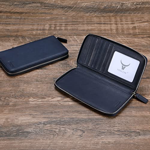 Image of HISCOW Leather Checkbook Cover, Zippered Wallet, Aniline Leather Blue | Full grain cowhide, 5cc & ID window, personal check book & register pockets, removable duplicate divider, women secure zipper