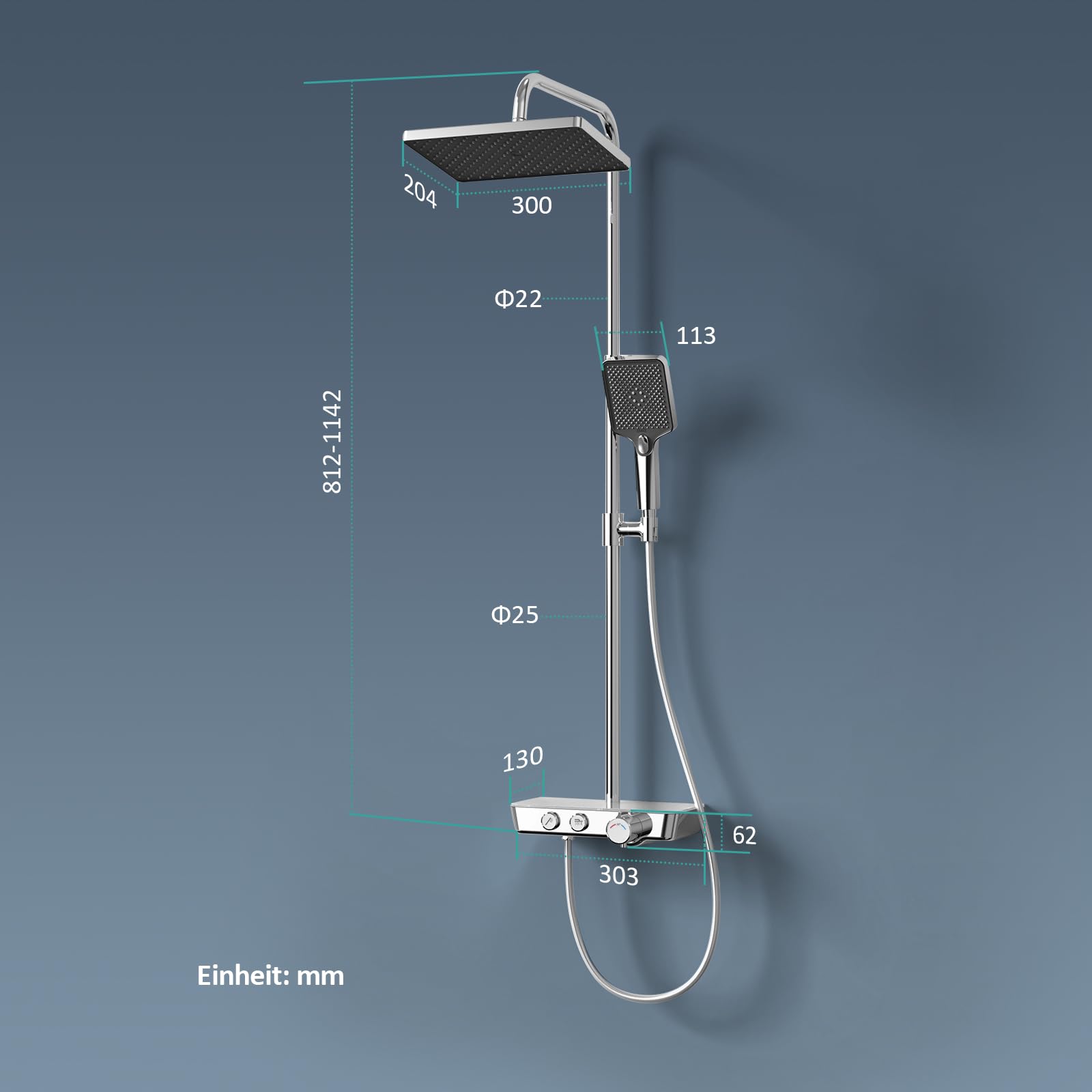 EMKE Sistema de ducha con termostato, juego completo con ducha de lluvia, termostato, columna de ducha de mano con 3 chorros, certificado KTW, set de ducha con estante de cristal, cromo