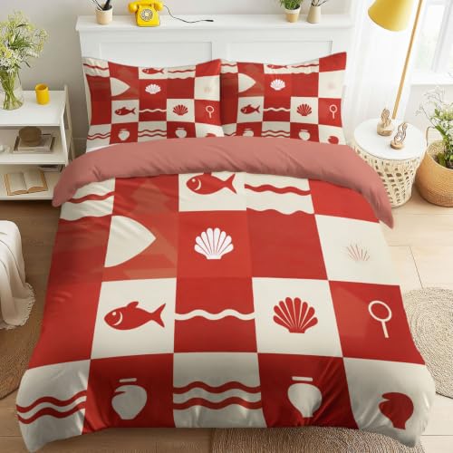 Juego de ropa de cama de 230 x 230 cm, color rojo, resistente a la decoloración, diseño de animales oceánicos, calidad hotelera, color rojo y blanco, fácil cuidado, para adolescentes y adultos