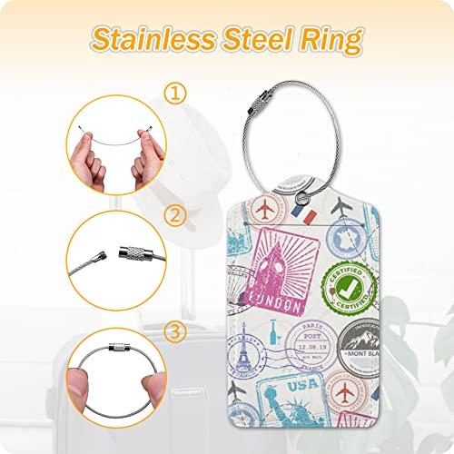Image of Set of 2 Luggage Tag for Suitcases Leather Stamp Baggage Tags with Stainless Steel Loop Privacy Name ID Card Cover Travel Bag Labels Set for Women Men Kids Girls