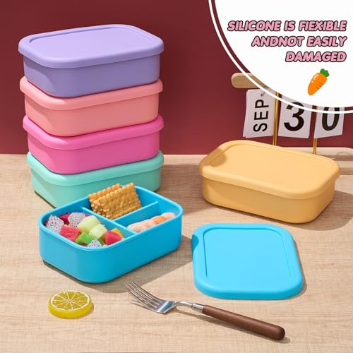 Image of Layhit 6 Pcs Silicone Bento Box for Adults, 27 oz Bento Lunch Container Reusable Food Container for Women Men, Leak Proof Microwave Dishwasher Freezer Safe (3 Compartments,Fluorescent Multicolor)