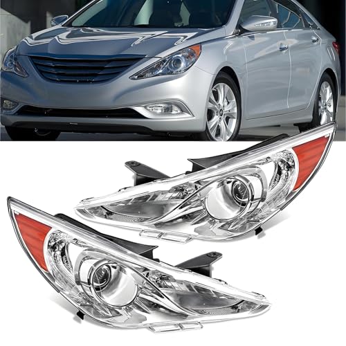 Headlights Assembly for 2011 2012 2013 2014 Hyundai Sonata (Excludes Hybrid) Halogen Headlamp Replacement Driver &Passenger Side Chrome Housing Amber Corner