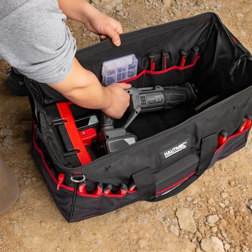 Image of HAUTMEC 3-Piece Large Tool Bag Set (12 inch / 18 inch / 24 inch), Heavy-Duty 1680D Wide Mouth Tool Bag with Metal Frame, Foldable Tool Tote Bag with Non-Slip Base, Double Zippers & Padded Shoulder Strap - HT0297