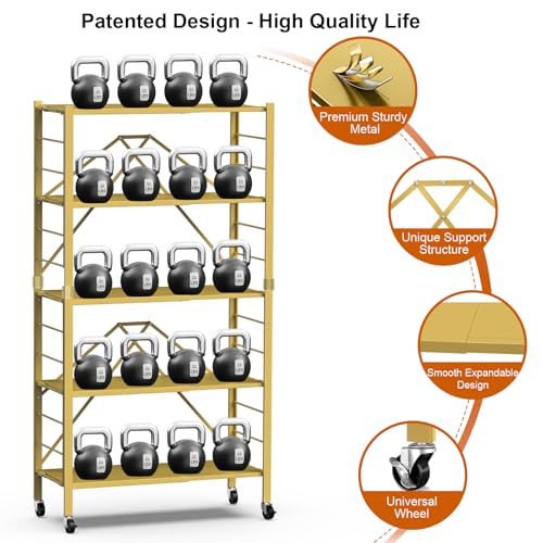 Image of Himix 5-Tier Storage Shelf with Wheels Foldable Expandable Adjustable Gold | Folding shelving units, Metal collapsible organization, Changeable into 2 shelf units, Basement, Kitchen, Holds 2400 Ibs