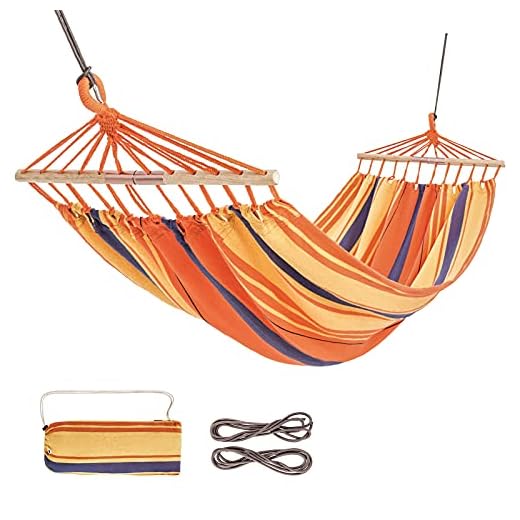 KingCamp Single Portable Cotton Hammock with Foldable Wood Spreader Bars Ropes for Indoor Outdoor Garden Patio Yard Camping Travel, Supports 220lbs, Carry Bag Included, Orange