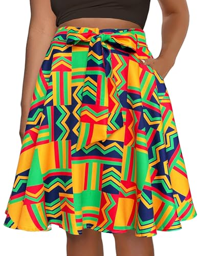 Afibi Womens African High Waist Tie Ankara Skirt Flared Dashiki Midi Skirt with Pockets (X-Large Red Green)