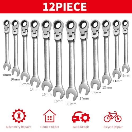 Image of WISEUP 12Pcs Ratchet Wrench, CR-V Chrome-vanadium Steel 8-19mm Wrench, 180 Adjustable Combination Wrenches, Double-end Ratchet Wrench, Anti-slip Rust-proof, Labor-saving Tools