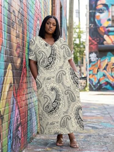 Image of Plus Size Maxi Dress for Women Short Sleeve V Neck Casual Loose Sundress with Pockets