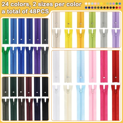 Image of Zippers for Sewing, DOITEM Nylon Coil Zippers, 48 pcs 20 cm /8 Inch and 40 cm /16 Inch Multicolor Nylon Coil Zips for Sewing and Crafts 24 Colors