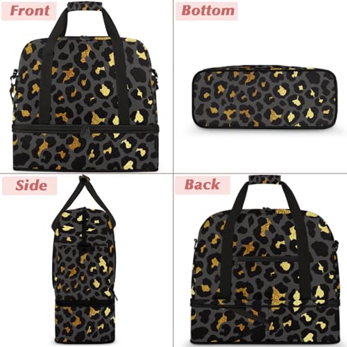 Large Travel Duffel Bag for Women Men Abstract Black Gold Leopard Print Gym Bag Weekender Overnight Bags With Shoe Compartment Foldie Travel Tote Bag Carry On Personal Item Bag for Travel Gym Sports3