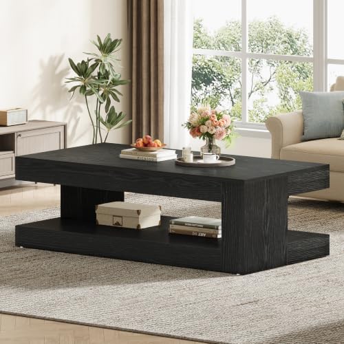 Image of Tribesigns Coffee Table for Living Room, 47.24 Inch Farmhouse 2-Tier Accent Center Tea Cocktail Table with Storage, Rectangle, Black