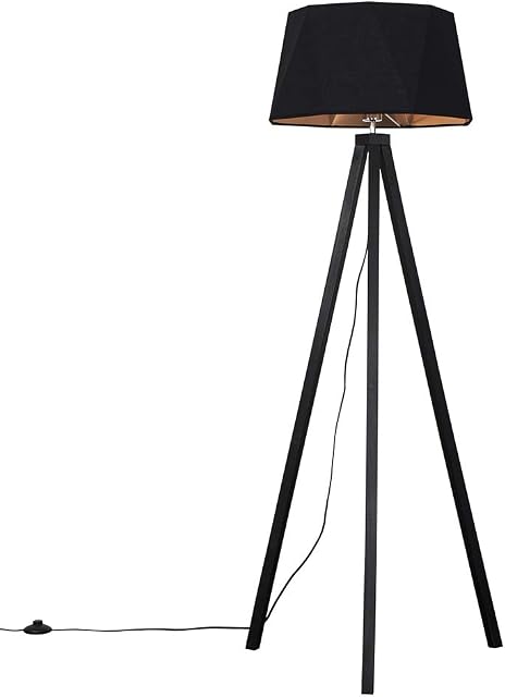 Modern Black Wood Tripod Design Floor Lamp with a Matt Black/Copper Geometric Shade - Complete with a 6w LED GLS Bulb [3000K Warm White]