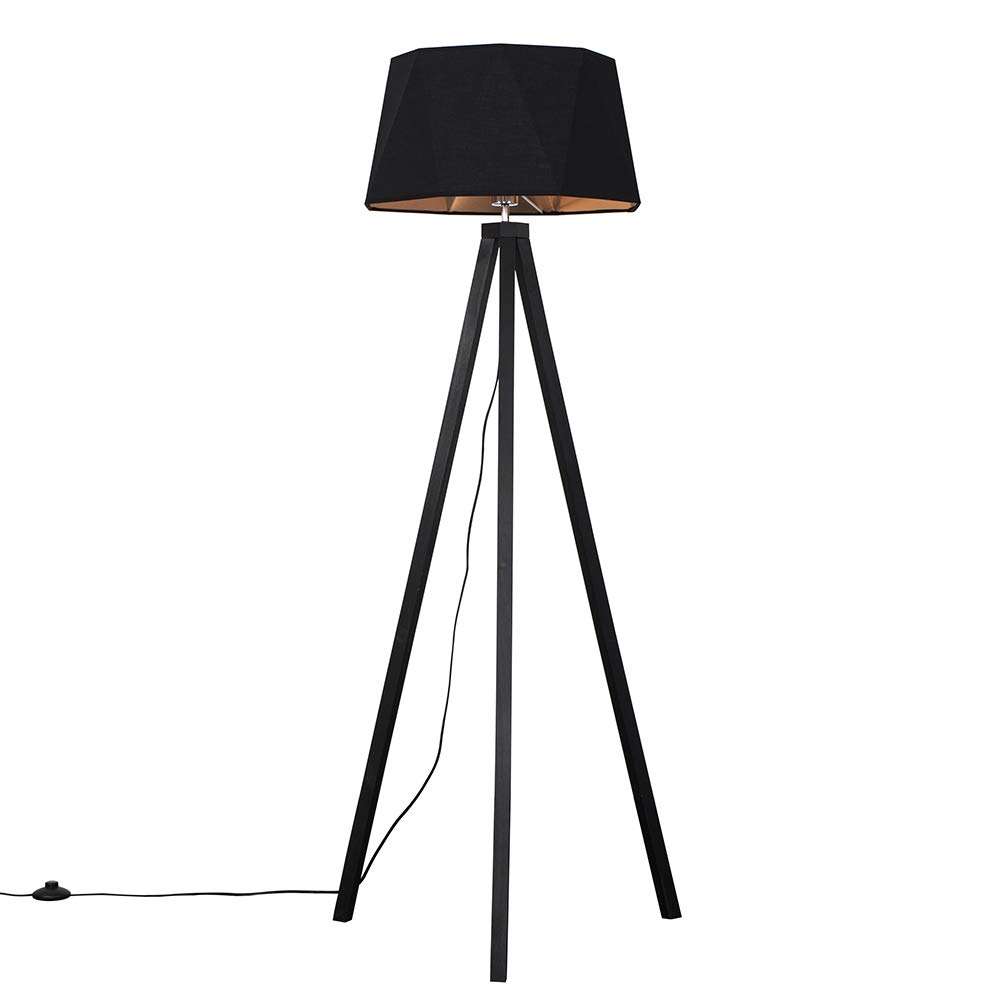 MiniSunModern Black Wood Tripod Design Floor Lamp with a Matt Black/Copper Geometric Shade | Floor Lamps & Torchieres, Home Décor & Improvement Essential | Includes 6W LED E27 Light Bulb