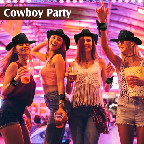 Image of Coume 12 Pcs Sparkly Adults Cowboy Hat and Bandanas Women Men Western Glitter Cowgirl Party Hats with Adjustable Drawstring
