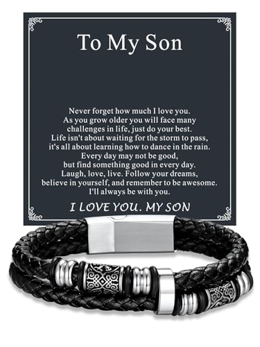 U7 Mens Leather Bracelets 23cm(9) Black Braided Leather Link for Men Double Cuff Bracelet with Card To My Son Birthday Christmas Classic Wrist Bangle Jewellery Gift for Son