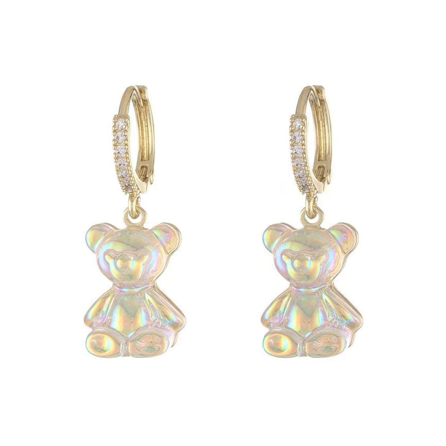 Gold Heart Bear Drop Stud Earrings - Cute Crystal Bear Dangle Huggie Hoop Earrings for Women