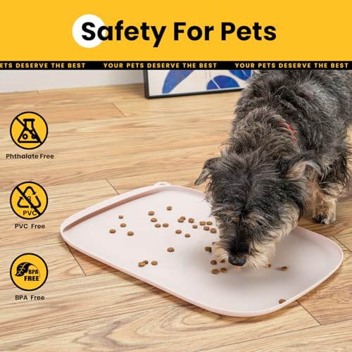 Conlun HundenapfMatte mit Seitentasche & Aufhängeöse – Weiche Erhöhte Kanten, Leicht zu Reinigen, wasserdichte rutschfeste Silikon-Fressmatte für Katzen und Hunde (46x30 cm Natur-Tan)