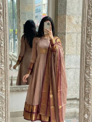 Image of Women's Pattu Cotton Anarkali Kurta with Dupatta | Handwork Embroidery | Jacquard Zari Border | Ethnic Kurti Set for Women