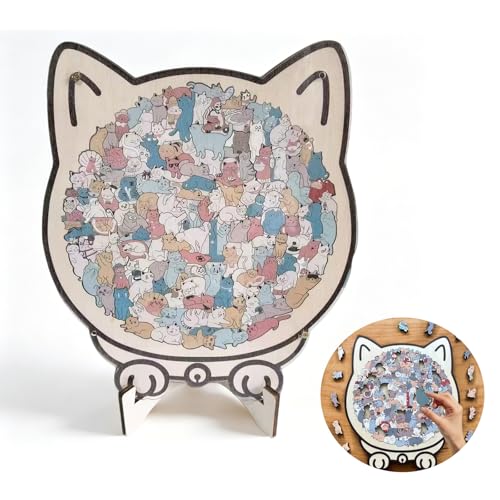 Katzenpuzzle Holz 135-Piece Cat Shaped Wooden Jigsaw Puzzle Kreatives Cat-Shaped Wooden Puzzle with A Frame Unregelmäßiges Katzen Puzzle Geschenk Für Katzenliebhaber (Macaron-Colored)