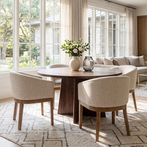 Image of HNY Barrel Dining Chairs Set of 4, Mid Century Modern Upholstered Dining Chairs with Arms, Linen Kitchen & Dining Room Chairs, Solid Wood Frame Accent Chairs for Kitchen, Apartment, Beige