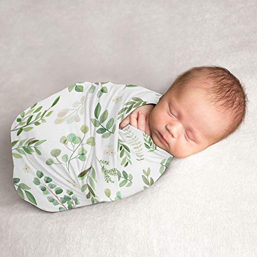 Sweet Jojo Designs Floral Leaf Baby Boy or Girl Swaddle Blanket Jersey Stretch Knit for Newborn or Infant Receiving Security - Green White Boho Watercolor Botanical Flower Woodland Tropical Garden -  Swaddle-Botanical