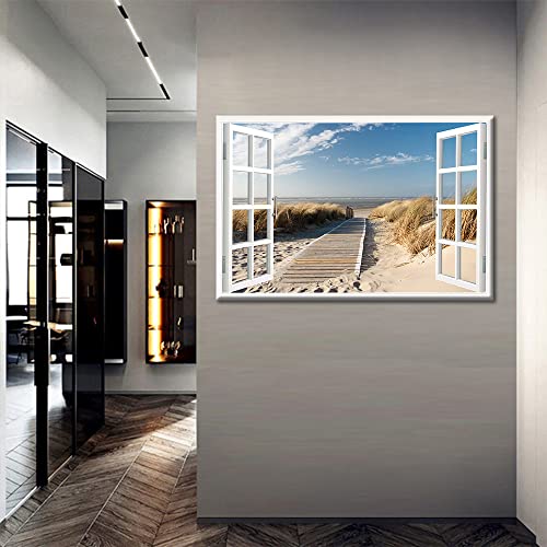 TISHIRON Wall Art Decor 3D Window Effect Boardwalk Sandy Beach View Canvas Pictures Artwork Framed Seaside Print Painting Home Decor for Home Living Room Wall Decor(16x24in) - Image 3