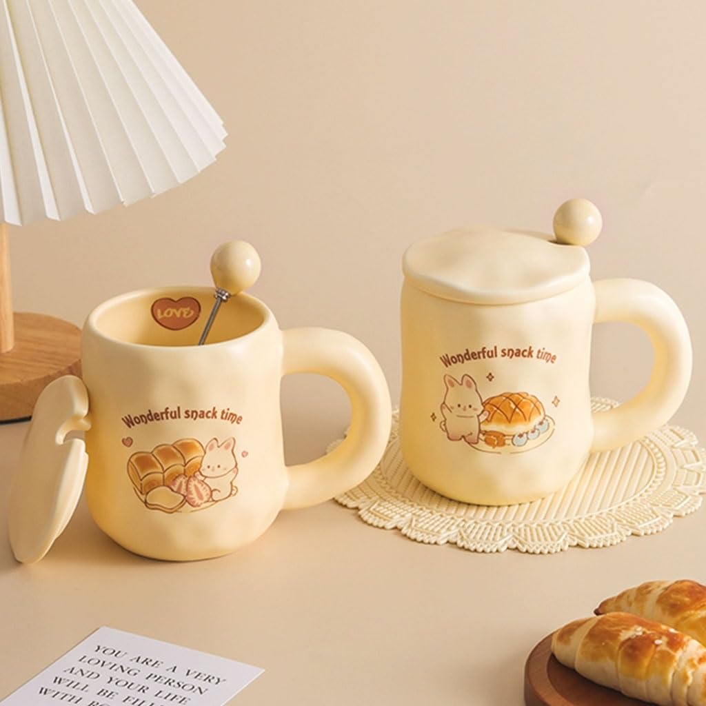 Juego de Tazas de café de cerámica Color Caqui, Redondas, Grandes, con Tapa y Cuchara, para Oficina, para Hombres y Mujeres, 480 ml/16,2 oz