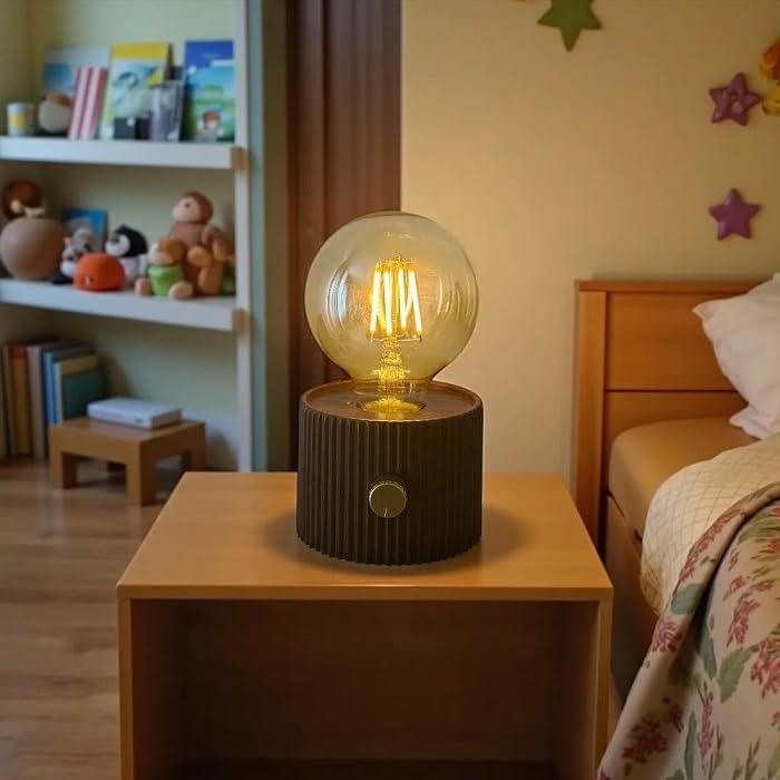 Image of Vintage LED Edison Bulb Table Lamp with Wooden Base & Dimmer | Warm Ambient Light for Home Decor, Diwali Gifts, Christmas Lighting & Bedroom Decoration